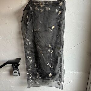 Black Sheer Organza Scarf‎ Gold & Sliver Flowers Grunge Fairycore Goth 72”x20”